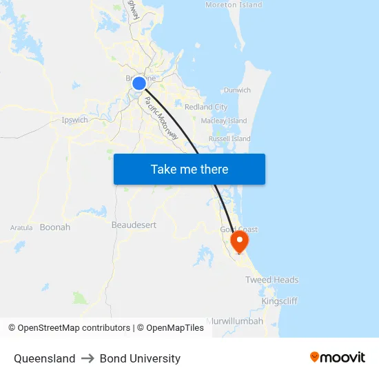 Queensland to Bond University map