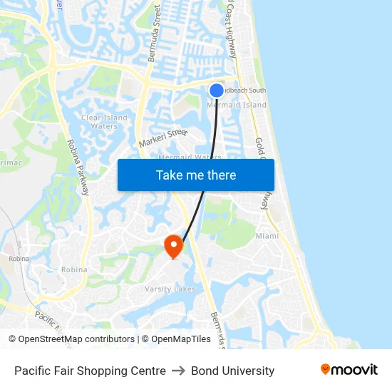 Pacific Fair Shopping Centre to Bond University map