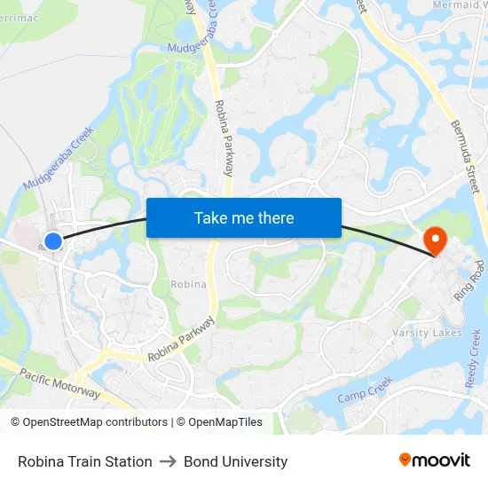 Robina Train Station to Bond University map