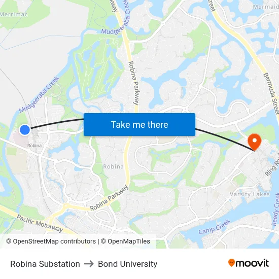 Robina Substation to Bond University map