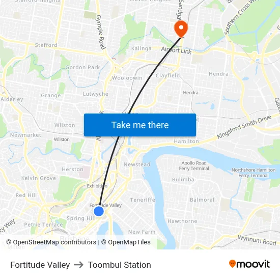 Fortitude Valley to Toombul Station map