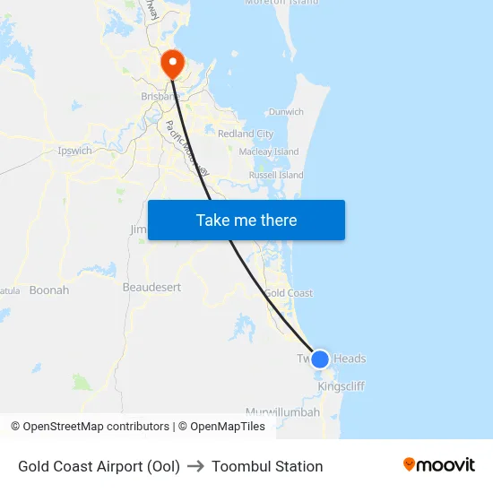 Gold Coast Airport (Ool) to Toombul Station map