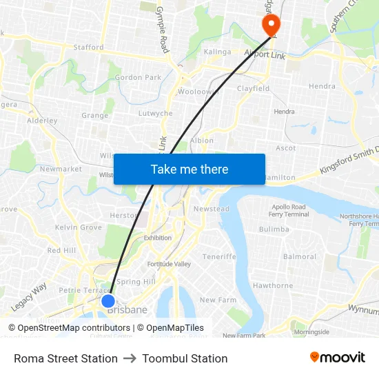 Roma Street Station to Toombul Station map