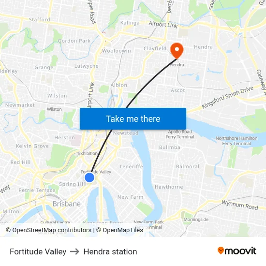 Fortitude Valley to Hendra station map