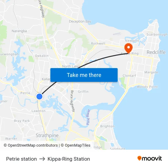 Petrie station to Kippa-Ring Station map
