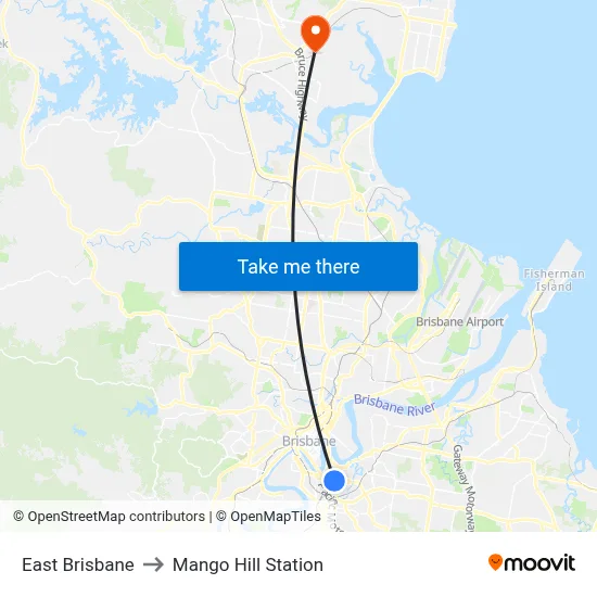 East Brisbane to Mango Hill Station map