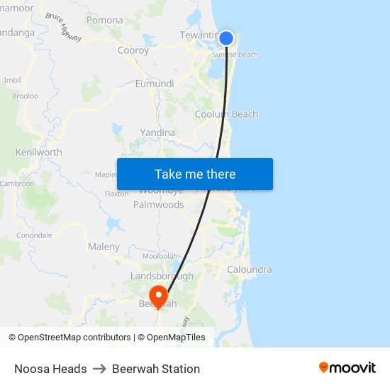 Noosa Heads to Beerwah Station map