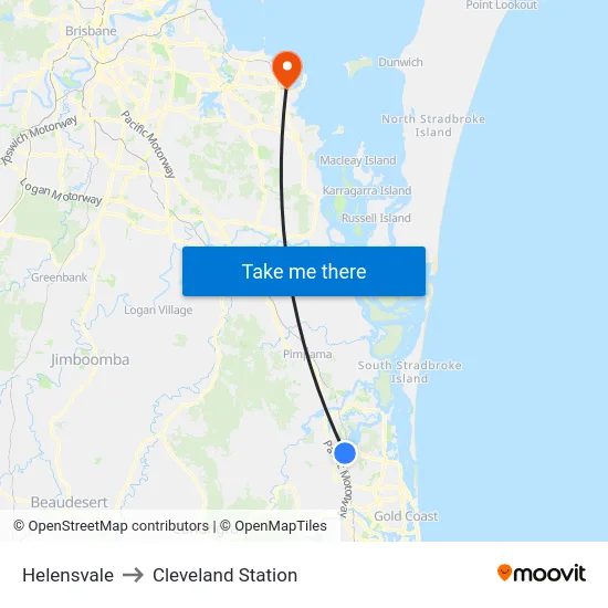 Helensvale to Cleveland Station map