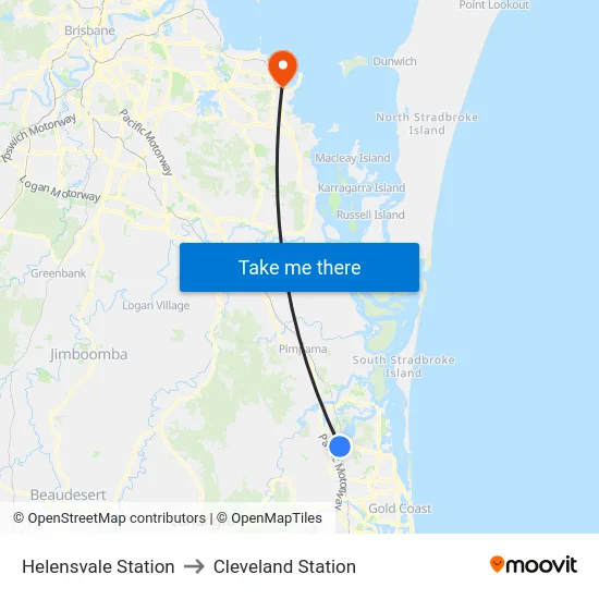 Helensvale Station to Cleveland Station map