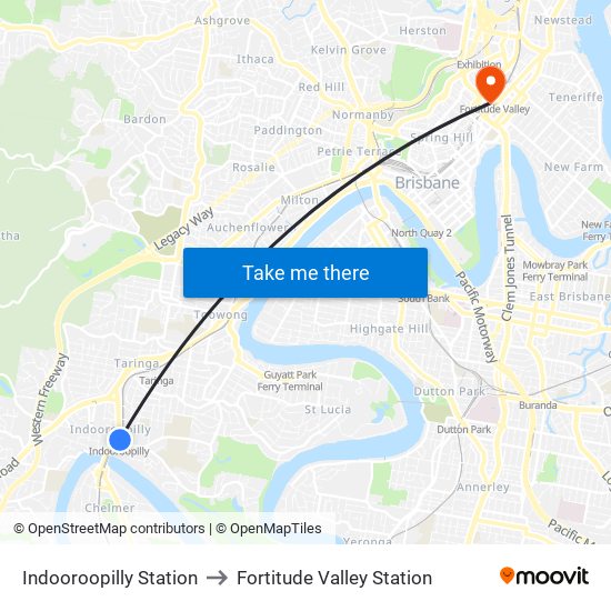 Indooroopilly Station to Fortitude Valley Station map