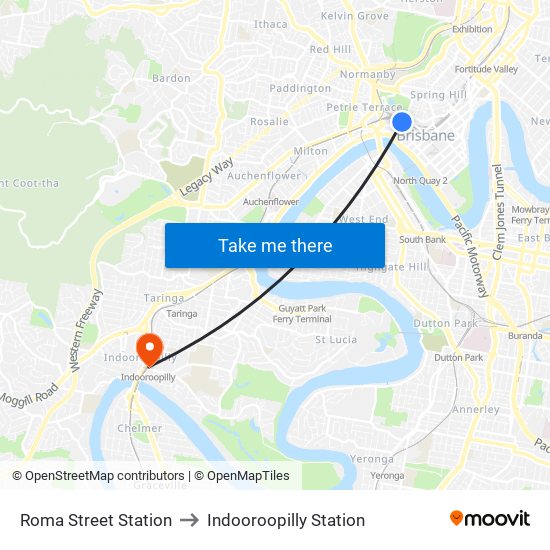 Roma Street Station to Indooroopilly Station map