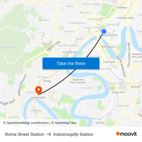 Roma Street Station to Indooroopilly Station map