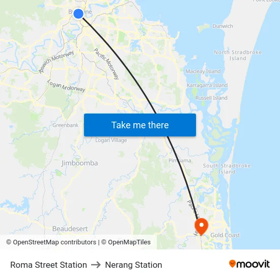Roma Street Station to Nerang Station map