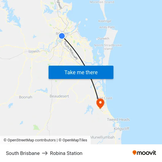 South Brisbane to Robina Station map