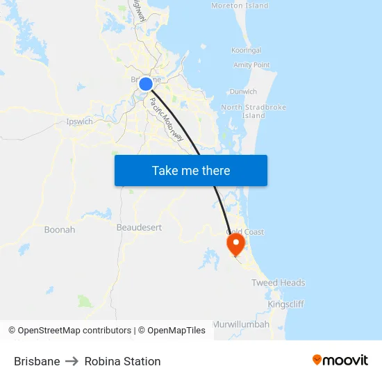 Brisbane to Robina Station map