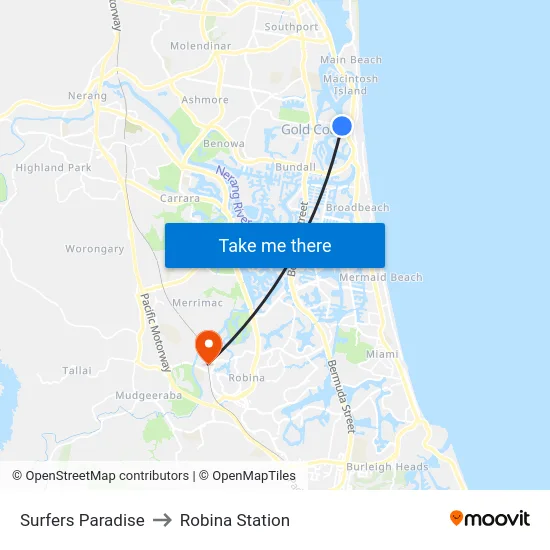 Surfers Paradise to Robina Station map