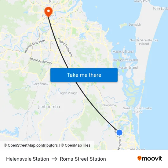Helensvale Station to Roma Street Station map