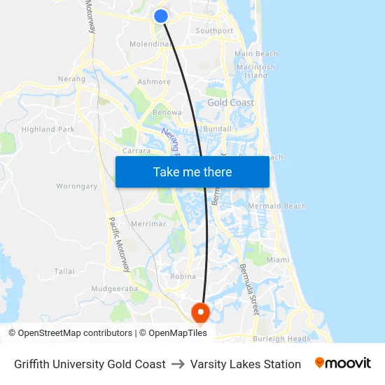 Griffith University Gold Coast to Varsity Lakes Station map