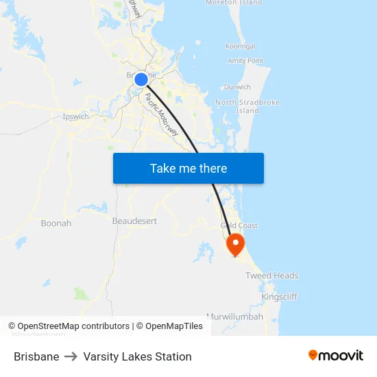 Brisbane to Varsity Lakes Station map