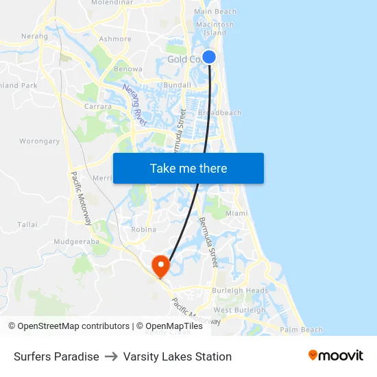 Surfers Paradise to Varsity Lakes Station map