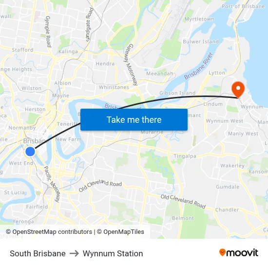 South Brisbane to Wynnum Station map