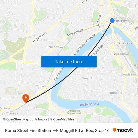 Roma Street Fire Station to Moggill Rd at Bbc, Stop 16 map