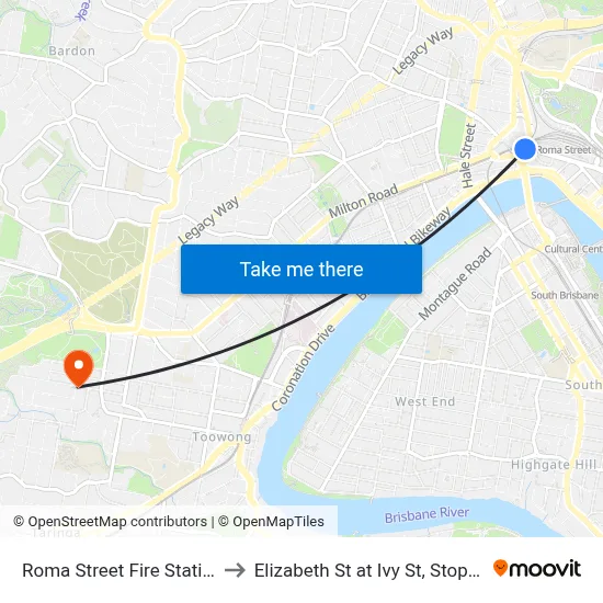 Roma Street Fire Station to Elizabeth St at Ivy St, Stop 22 map