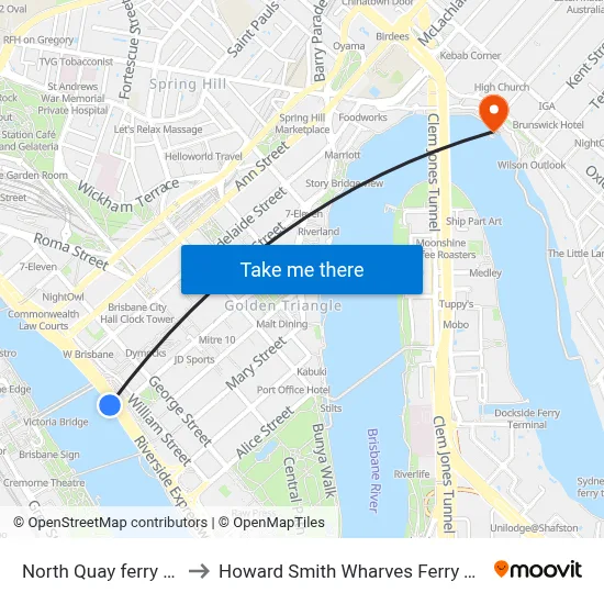 North Quay ferry wharf to Howard Smith Wharves Ferry Terminal map