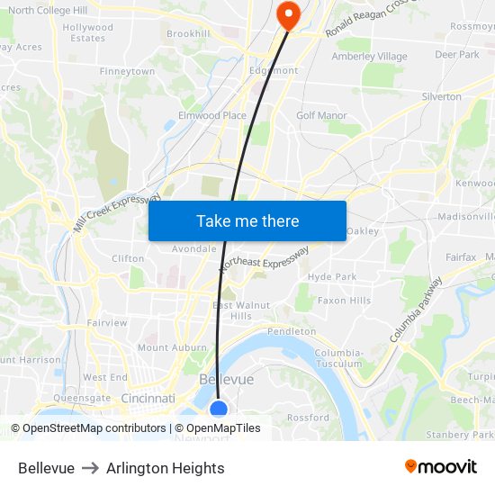 Bellevue to Arlington Heights map