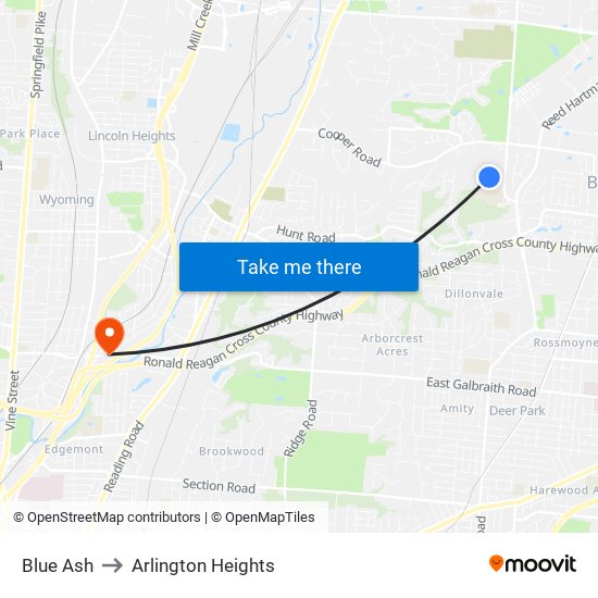 Blue Ash to Arlington Heights map