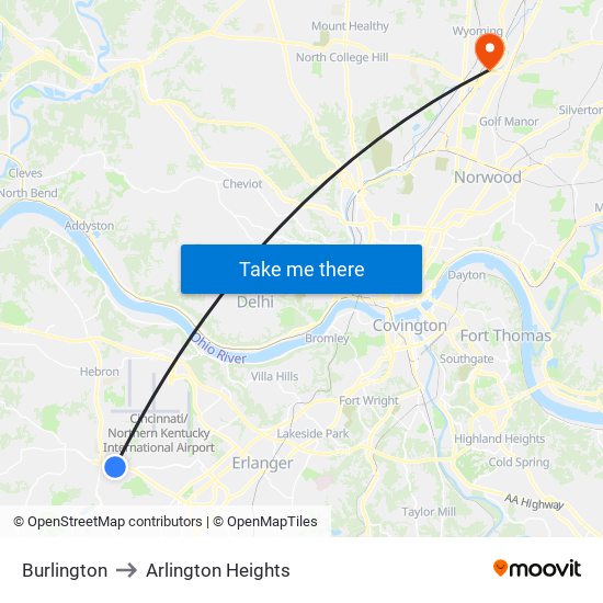 Burlington to Arlington Heights map