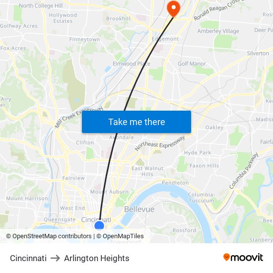 Cincinnati to Arlington Heights map