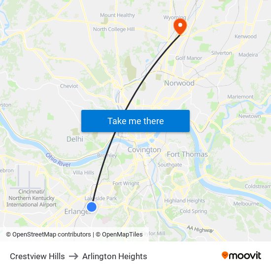 Crestview Hills to Arlington Heights map