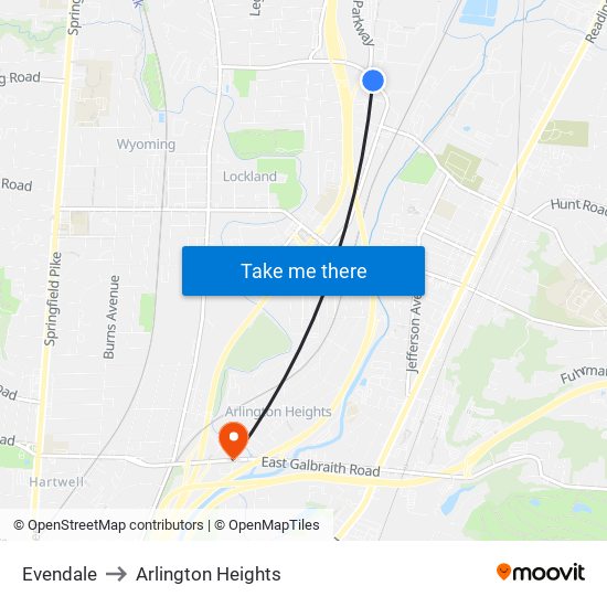 Evendale to Arlington Heights map