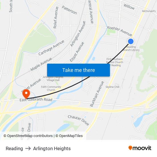 Reading to Arlington Heights map