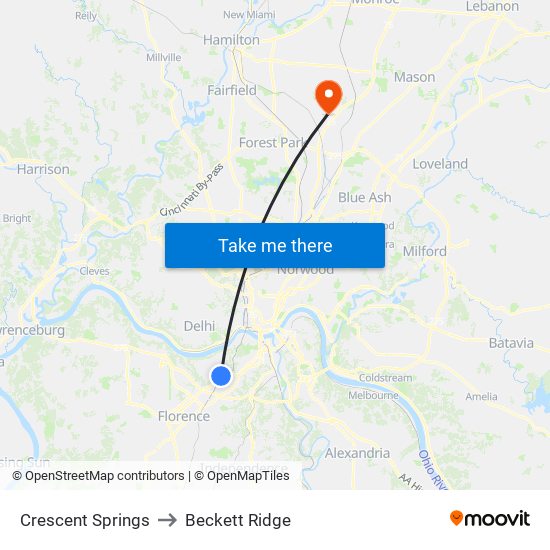 Crescent Springs to Beckett Ridge map