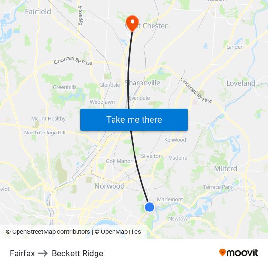 Fairfax to Beckett Ridge map