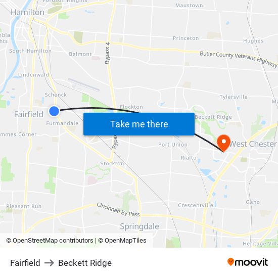 Fairfield to Beckett Ridge map