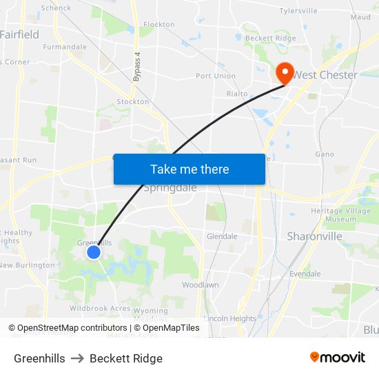 Greenhills to Beckett Ridge map