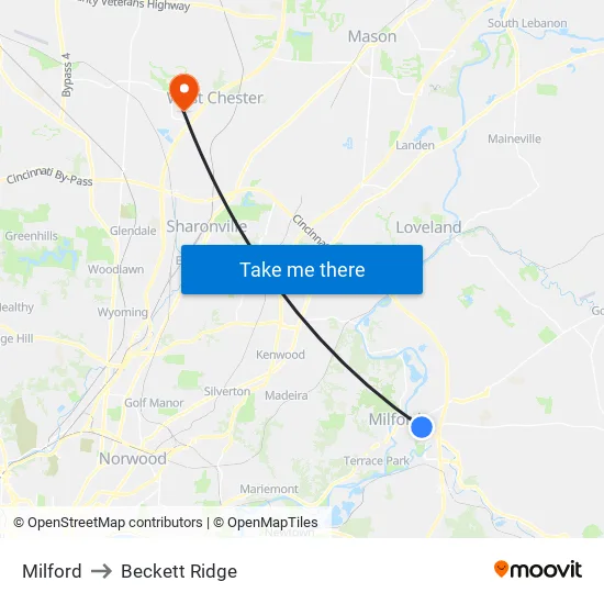 Milford to Beckett Ridge map