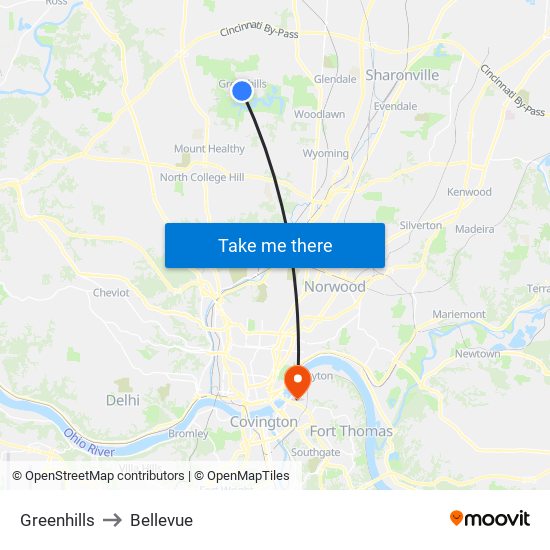 Greenhills to Bellevue map