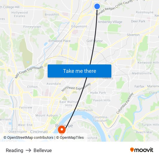 Reading to Bellevue map