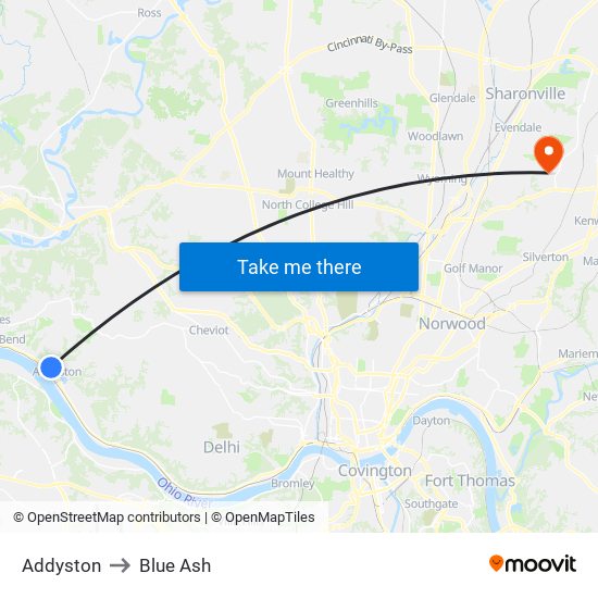 Addyston to Blue Ash map