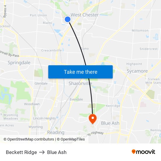 Beckett Ridge to Blue Ash map