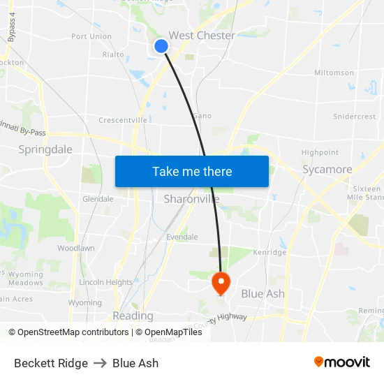 Beckett Ridge to Blue Ash map