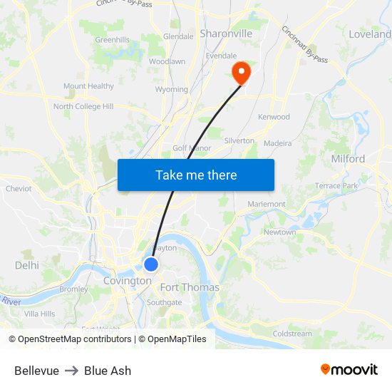 Bellevue to Blue Ash map
