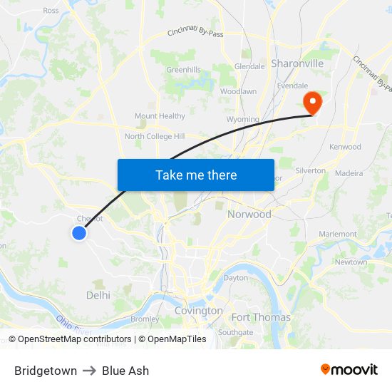 Bridgetown to Blue Ash map