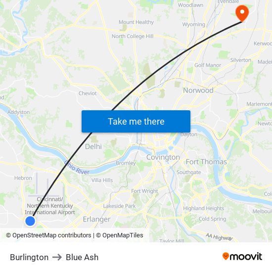Burlington to Blue Ash map