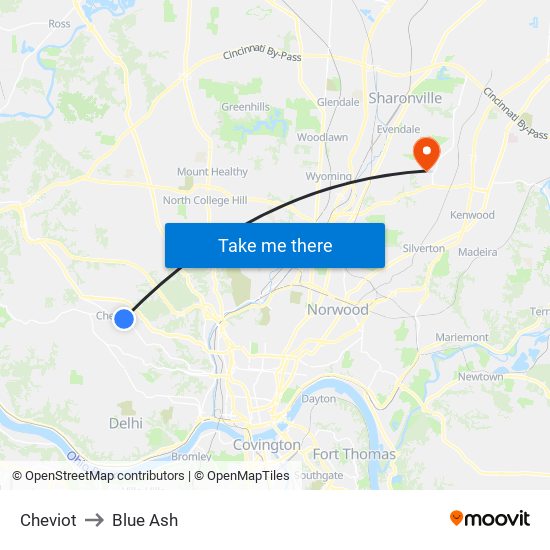 Cheviot to Blue Ash map