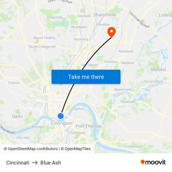 Cincinnati to Blue Ash map